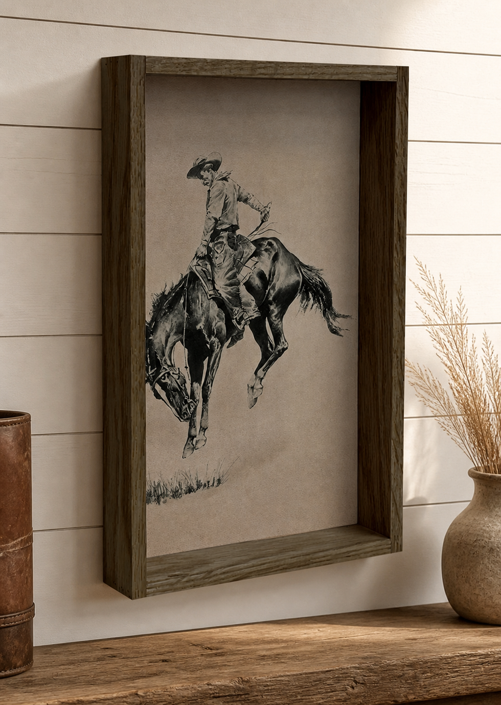 Vintage Western Bucking Bronco Framed Canvas Wall Art