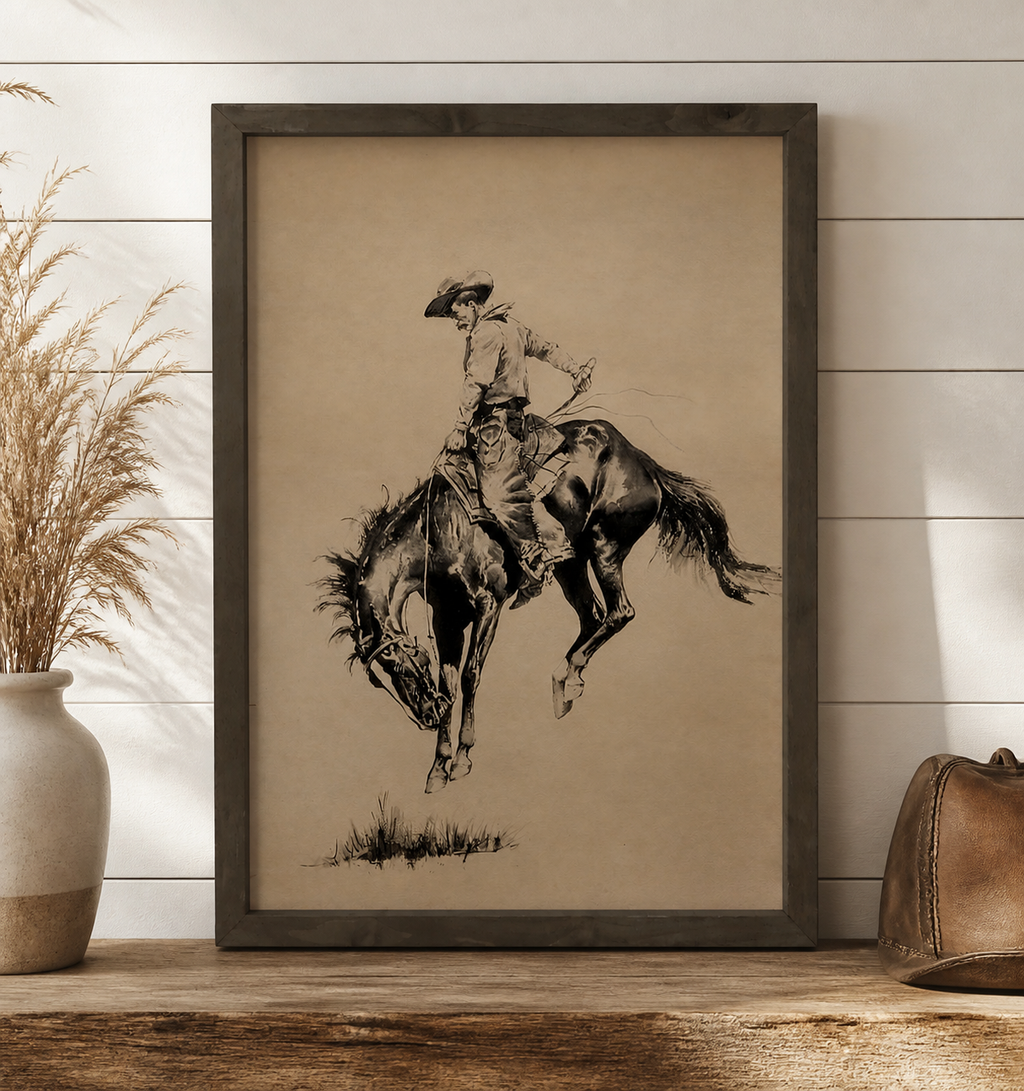 Vintage Western Bucking Bronco Framed Canvas Wall Art